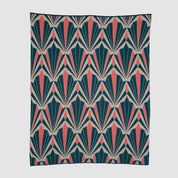 The Art Deco Shells Throw Blanket by In2Green showcases a repeating geometric pattern in navy blue, beige, and coral with stylized shell motifs, evoking classic Art Deco style.