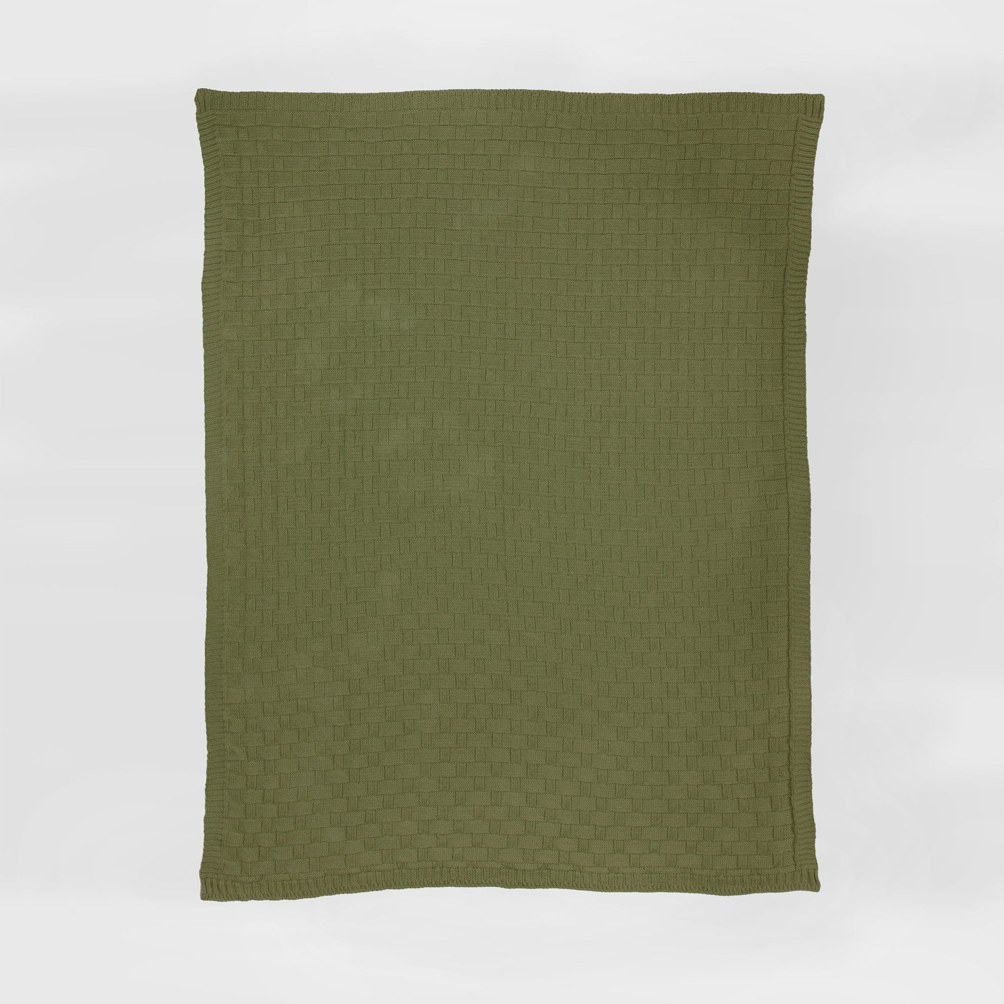 The in2green Basketweave Throw Blanket, olive green and rectangular with a subtle checkered knit from sustainable recycled yarns, is laid flat on a white background.