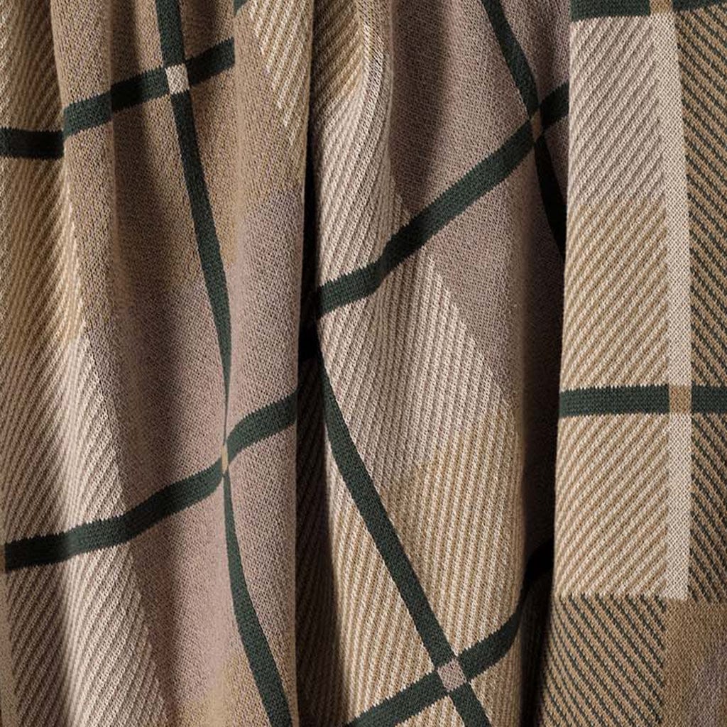 Close-up of beige and brown plaid fabric with intersecting black and light lines, crafted from upcycled cotton and recycled polyester—perfect for the In2Green Equestrian Barn Plaid Throw Blanket.