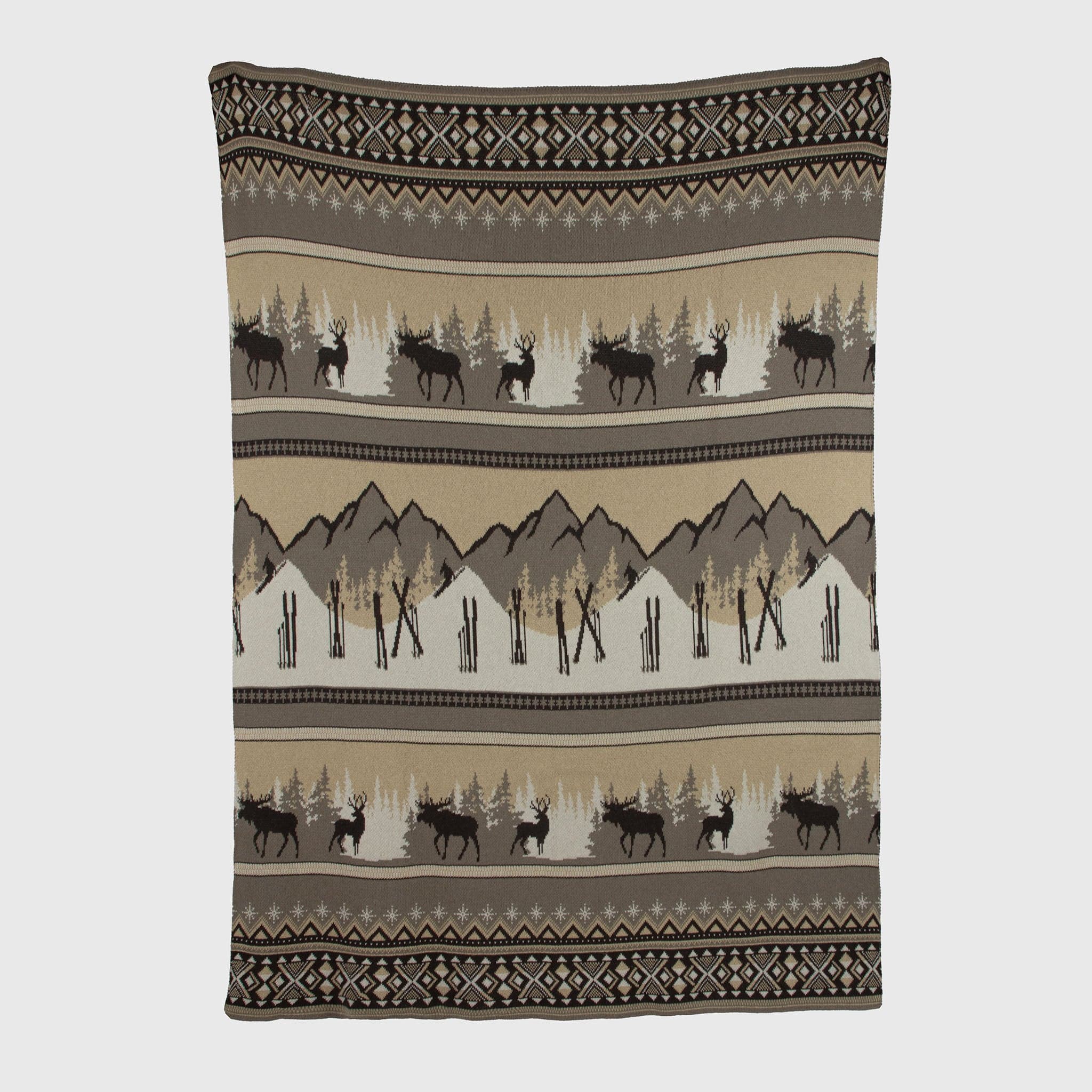 The Mountain Fair Isle Throw Blanket showcases moose, trees, and mountains in brown, tan, and gray with geometric borders—crafted from recycled cotton for cozy holiday décor.