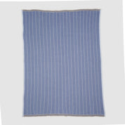 The in2green Poly Herringbone Edge Throw Blanket is a rectangular blue and white striped outdoor throw with a subtle herringbone knit and beige borders, made from recycled polyester, shown flat on a white background.