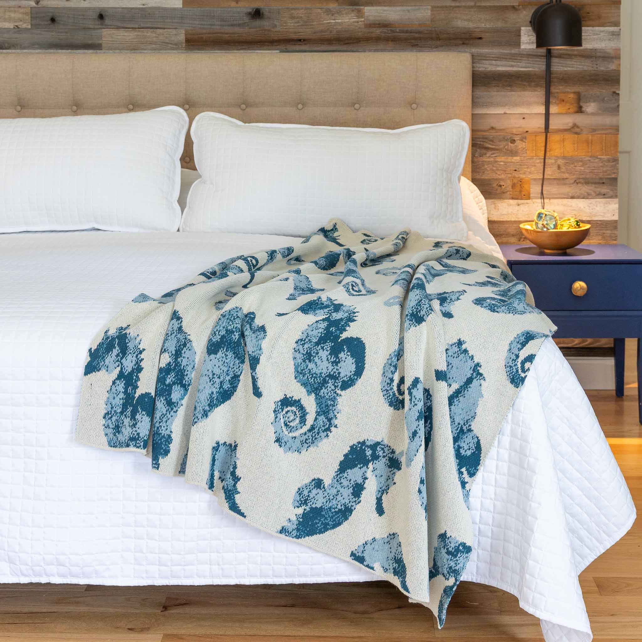 Cotton Sustainable Knit Throw Blanket Coastal Seahorse Watercolor