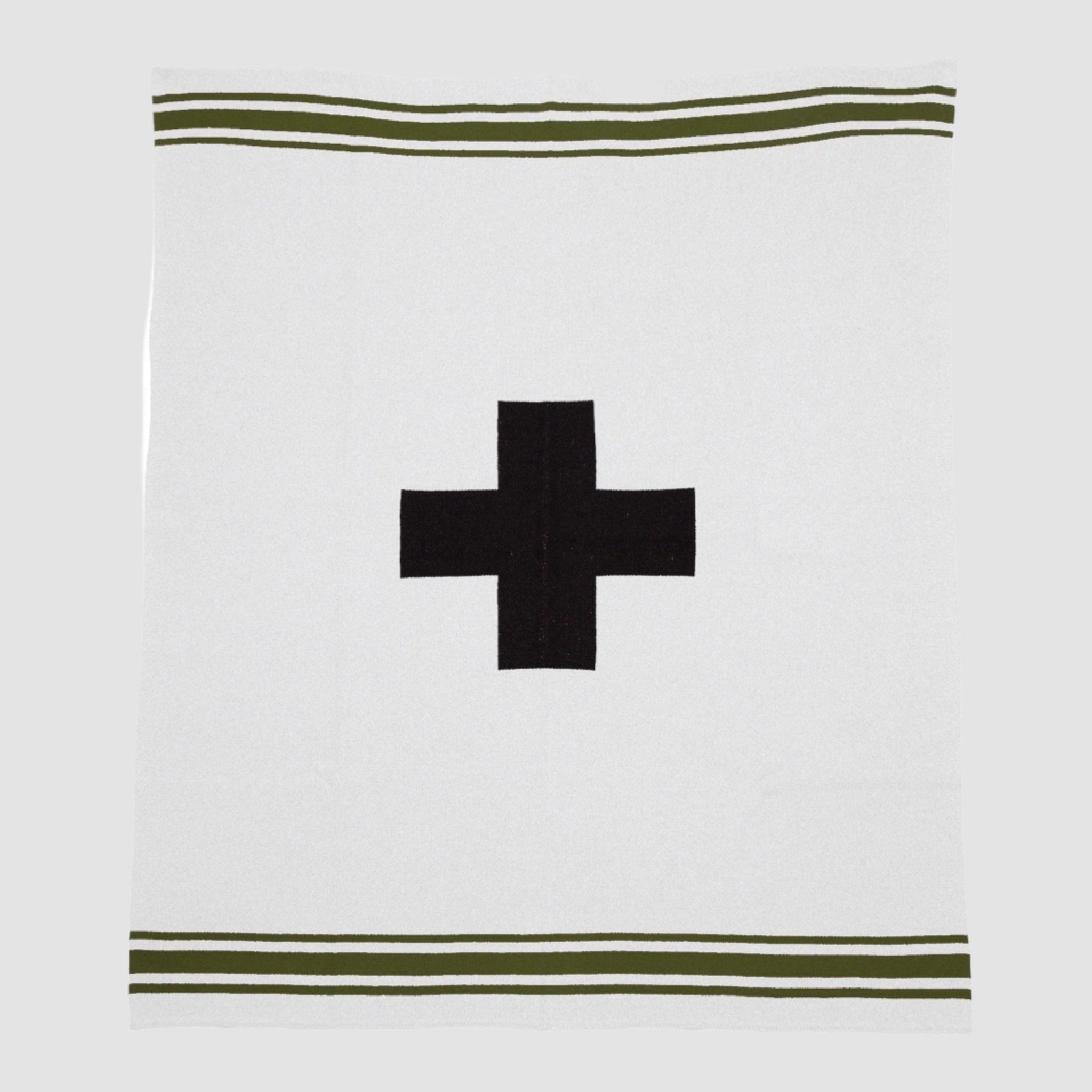 The in2green Swiss Cross with Stripes Throw Blanket is a white recycled knit featuring a central black Eco Swiss Cross, bordered by two green stripes near the top and bottom edges.