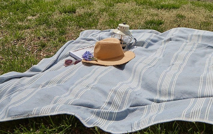 A eco-friendly Woven Twill Blanket by in2green, featuring blue stripes and crafted from recycled cotton, spread across the grass.