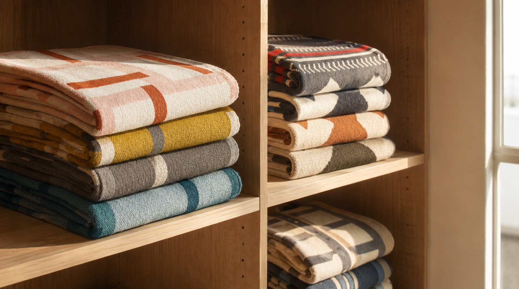 Two stacks of folded In2Green throw blankets on light oak shelves, in geometric grid patterns of cream, rust, mustard, grey, and teal, beside a sunlit window