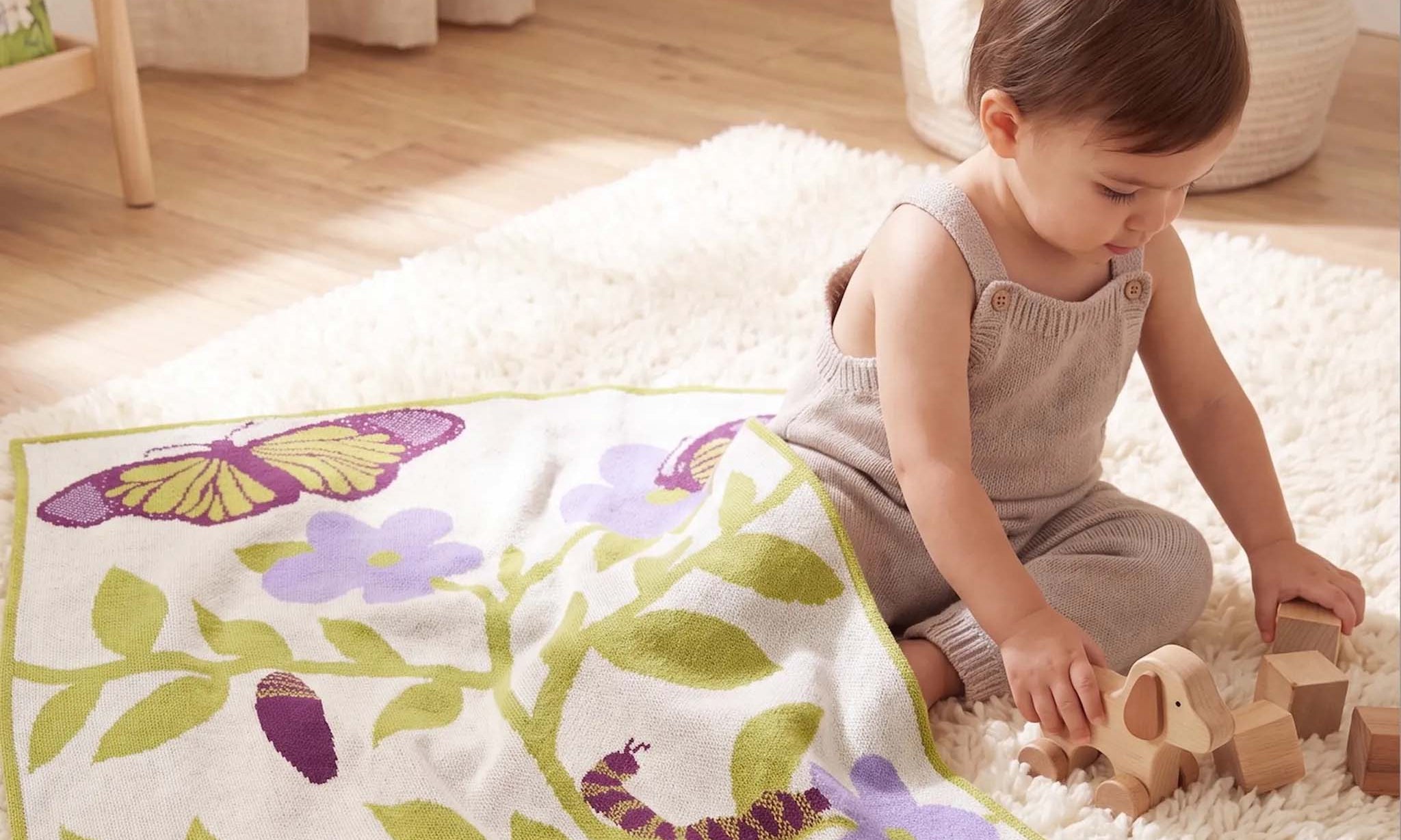 A baby in light-colored clothing sits on a soft carpet near a blanket with sheep patterns, holding a small white object and a wooden block with the letter "H.