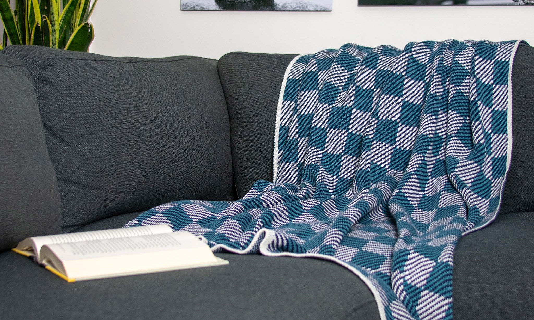 A blue plaid patterned blanket draped over a dark grey couch with an open book.