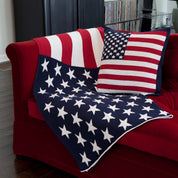 A red sofa is draped with the in2green Hometown Pride Flag – Cotton Sustainable Knit Blanket, featuring an American flag design, and is paired with a coordinating American flag pillow. Black shelves and a record collection are visible in the background.