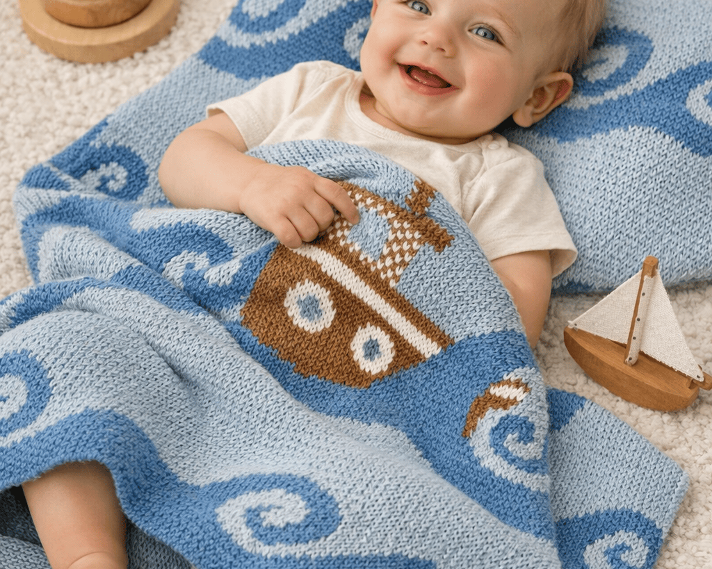 Baby lying on a blue knit blanket with boat patterns, surrounded by wooden toys.