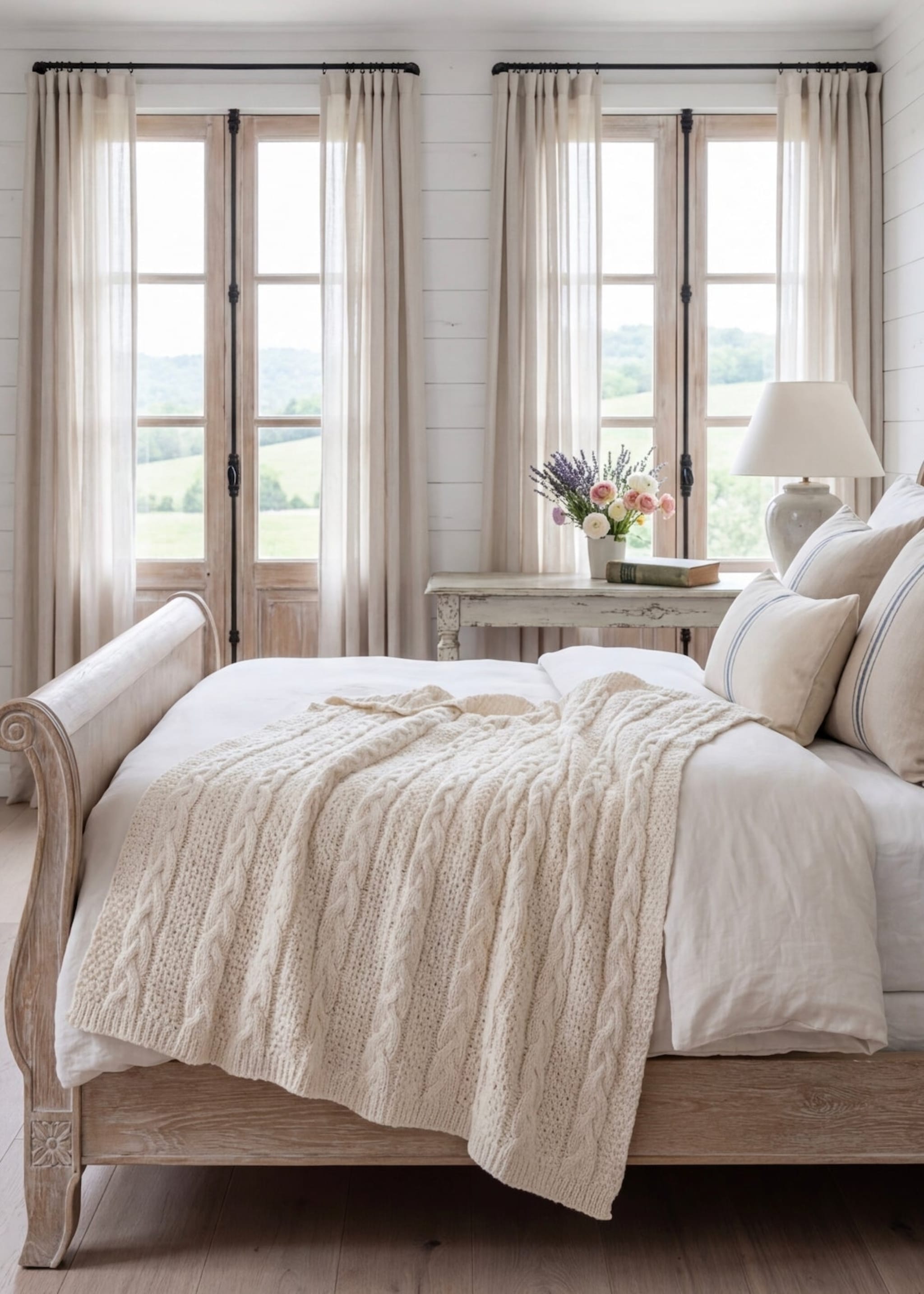 Neatly made bed with beige cable knit blanket in a bedroom with large windows and curtains.