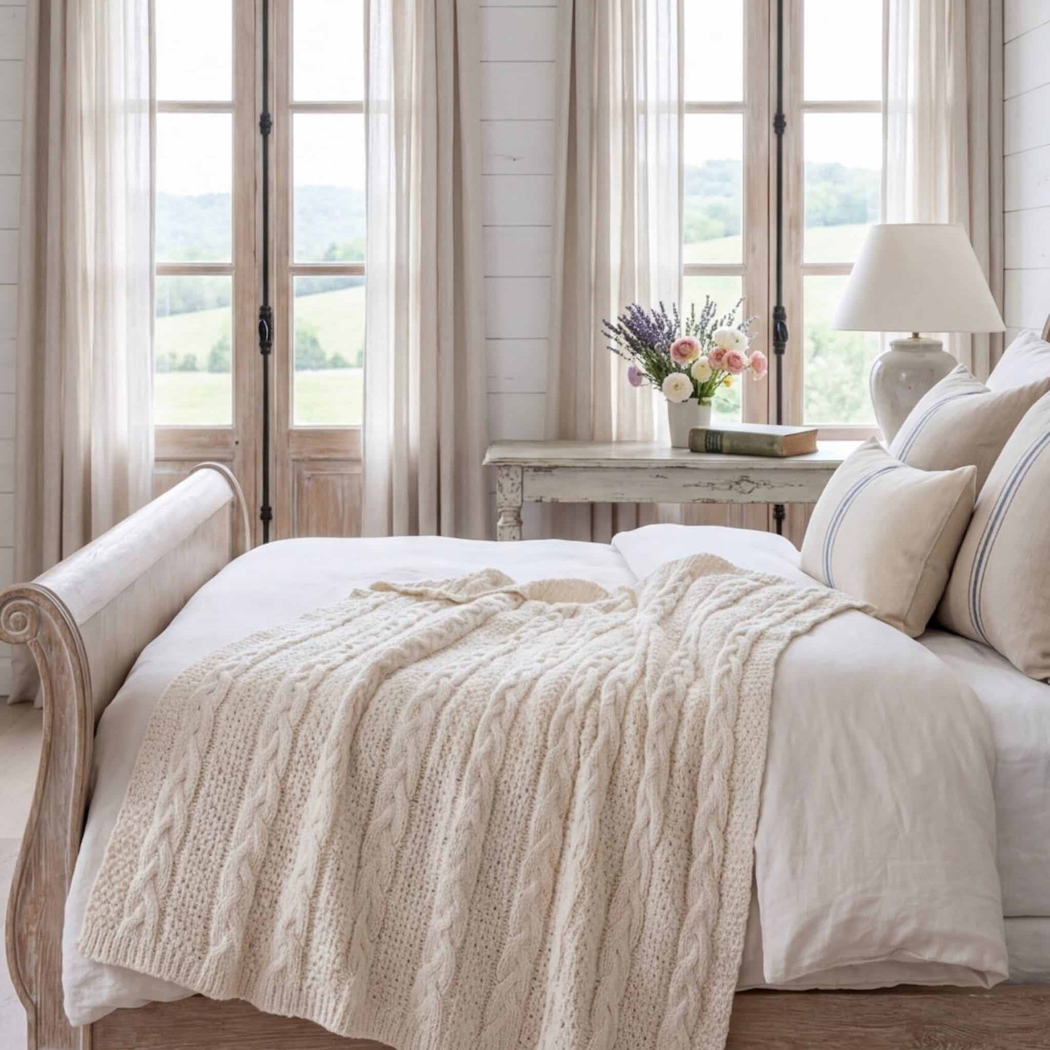 Neatly made bed with beige bedding and a chunky cable knit throw blanket in a bedroom with large windows and curtains.