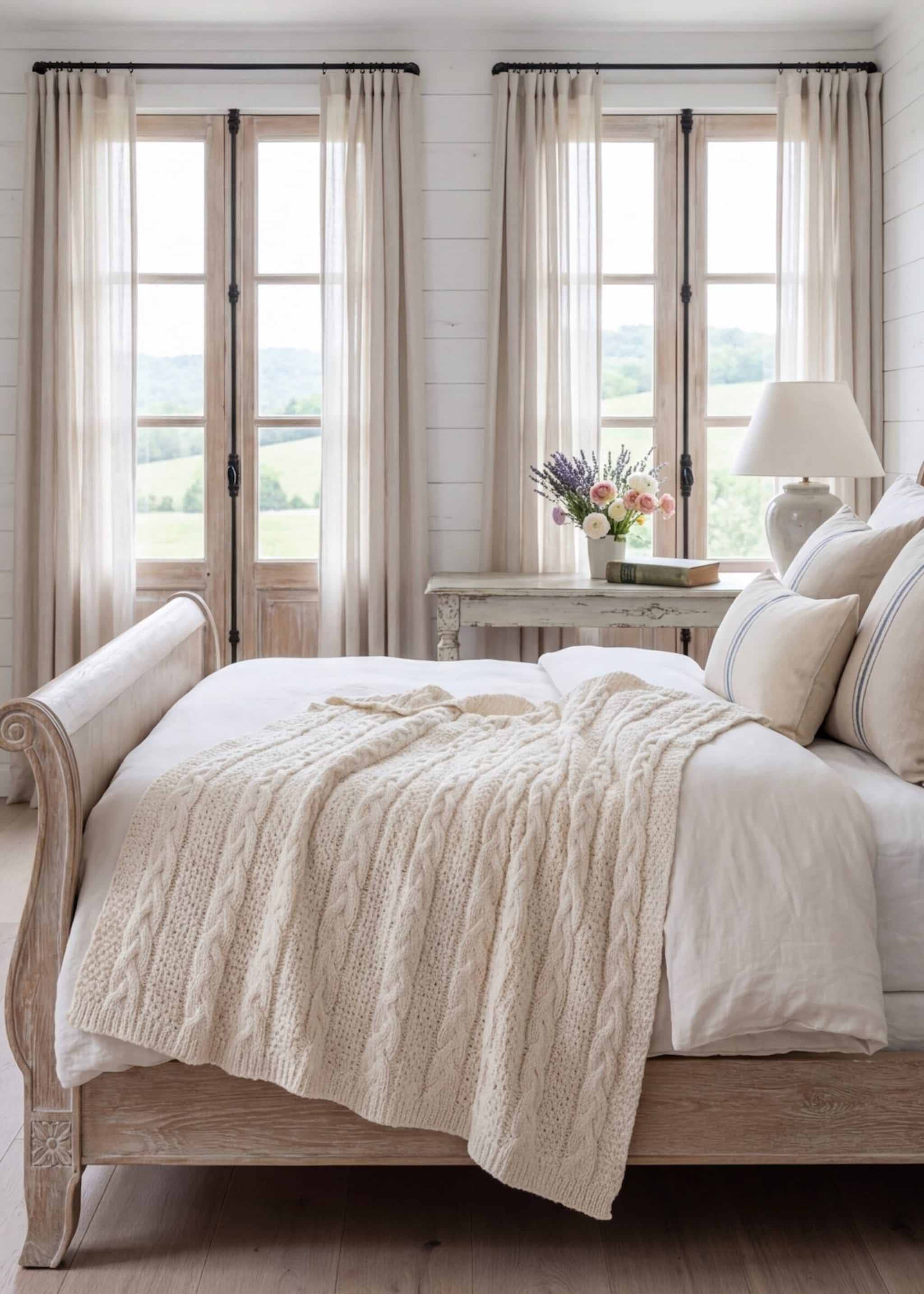 Neatly made bed with beige bedding and a chunky cable knit throw blanket in a bedroom with large windows and curtains.