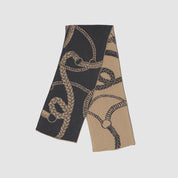 Grey and brown scarf with horse straps.