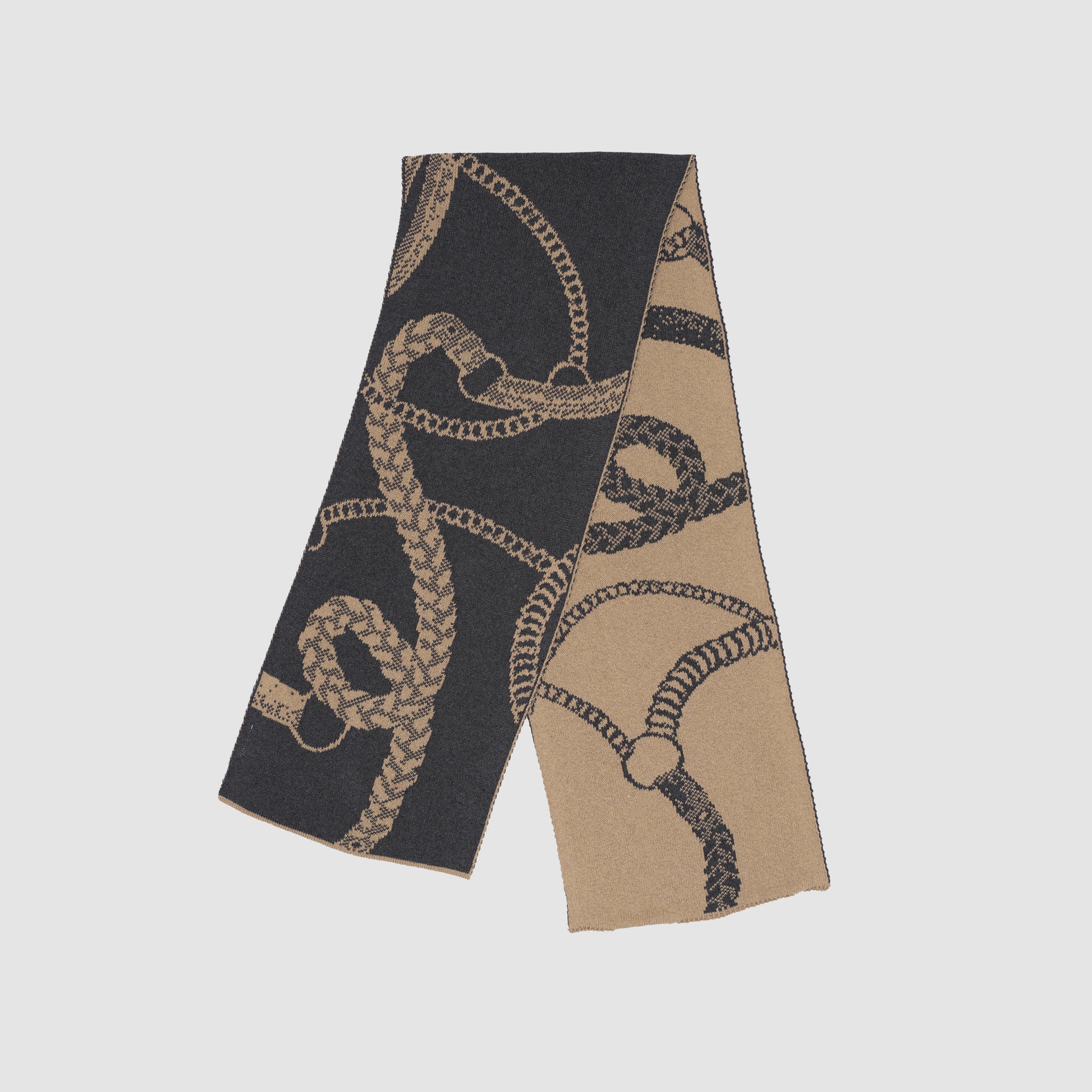 Grey and brown scarf with horse straps.