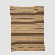 The in2green Geometric Stripe Throw Blanket is crafted from recycled cotton and features brown, tan, and cream horizontal stripes with geometric patterns—an eco-friendly accent for any room.
