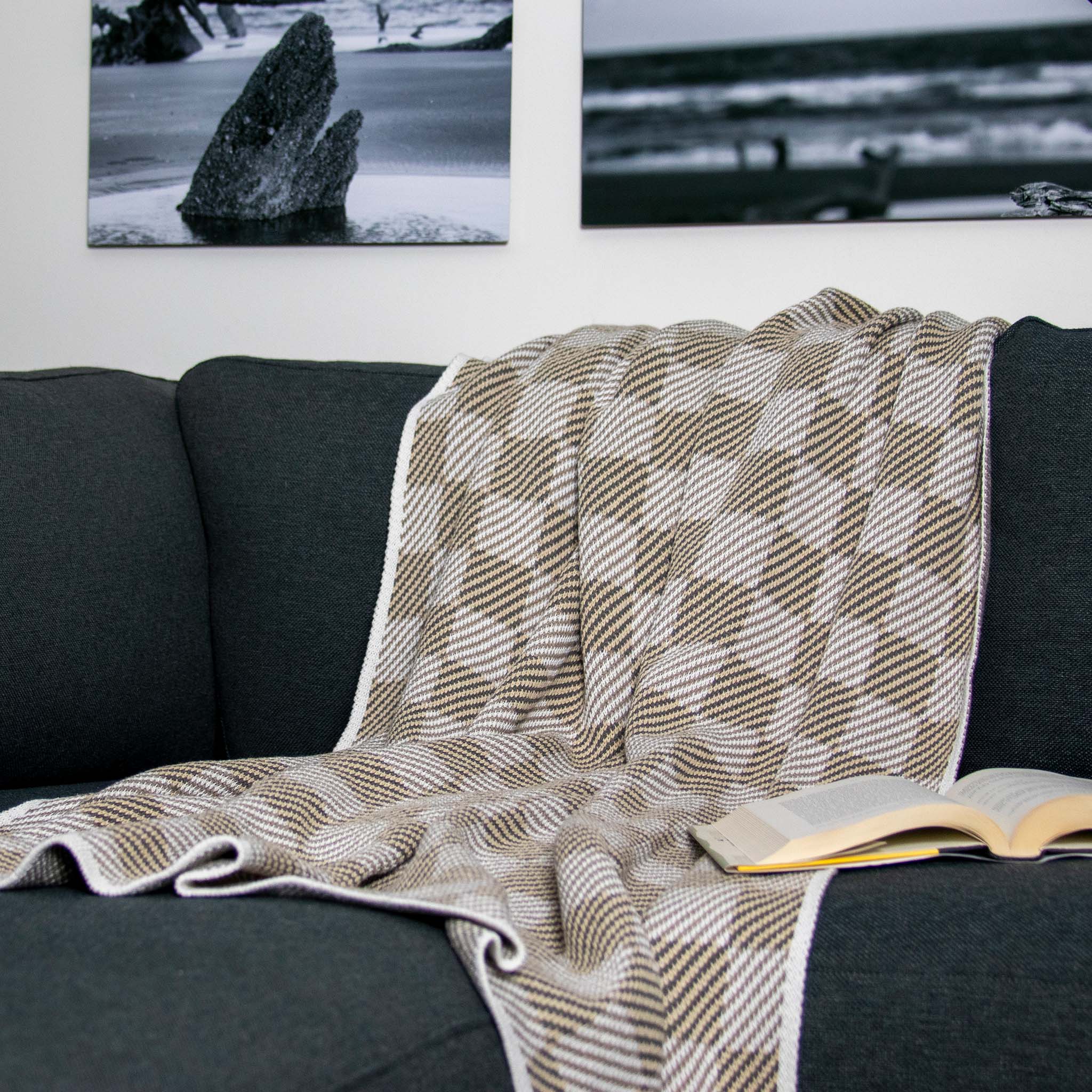 The in2green Gingham Plaid Throw Blanket in beige and white is draped over a dark gray sofa with an open book on top; black-and-white photos are displayed on the wall above.