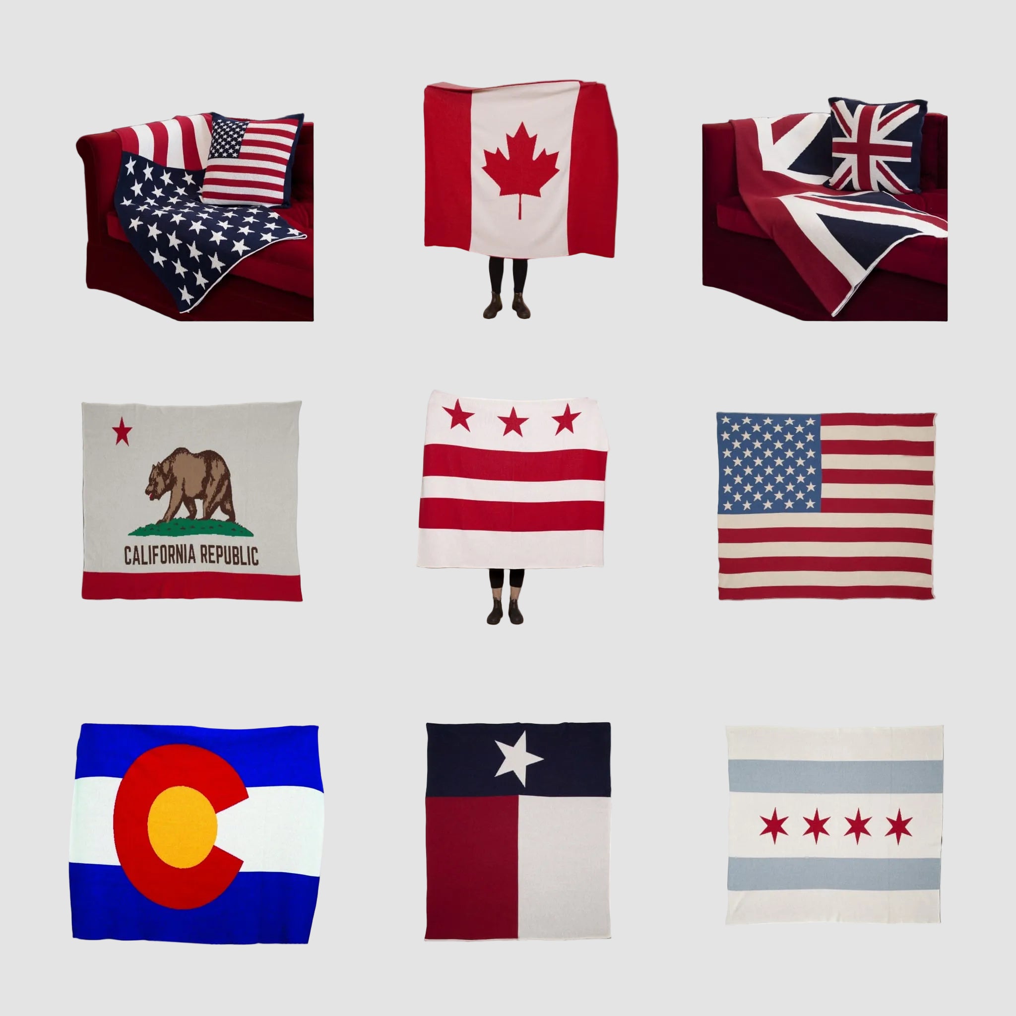 Nine Hometown Pride Flag - Cotton Sustainable Knit Blankets by in2green, each showcasing a different national or regional flag—including the US, Canada, UK, California, DC, Colorado, Texas, and Chicago—are displayed on a plain background and draped over furniture. Every blanket is sustainably knit from recycled cotton and proudly made in the USA.