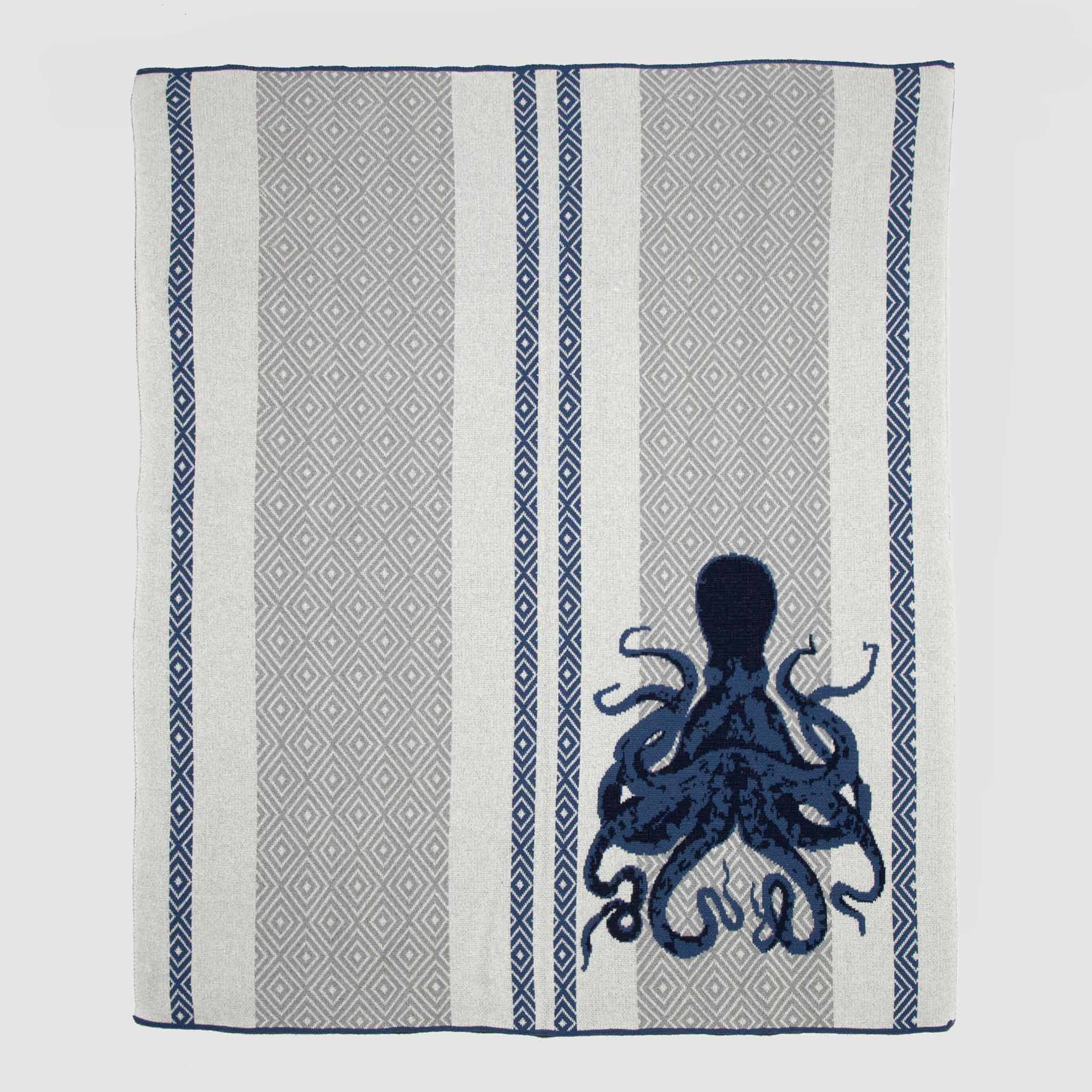 in2green Eco Throw Cotton Sustainable Knit Throw Blanket | Coastal - Octopus Square 655646736600 BL01OCT2