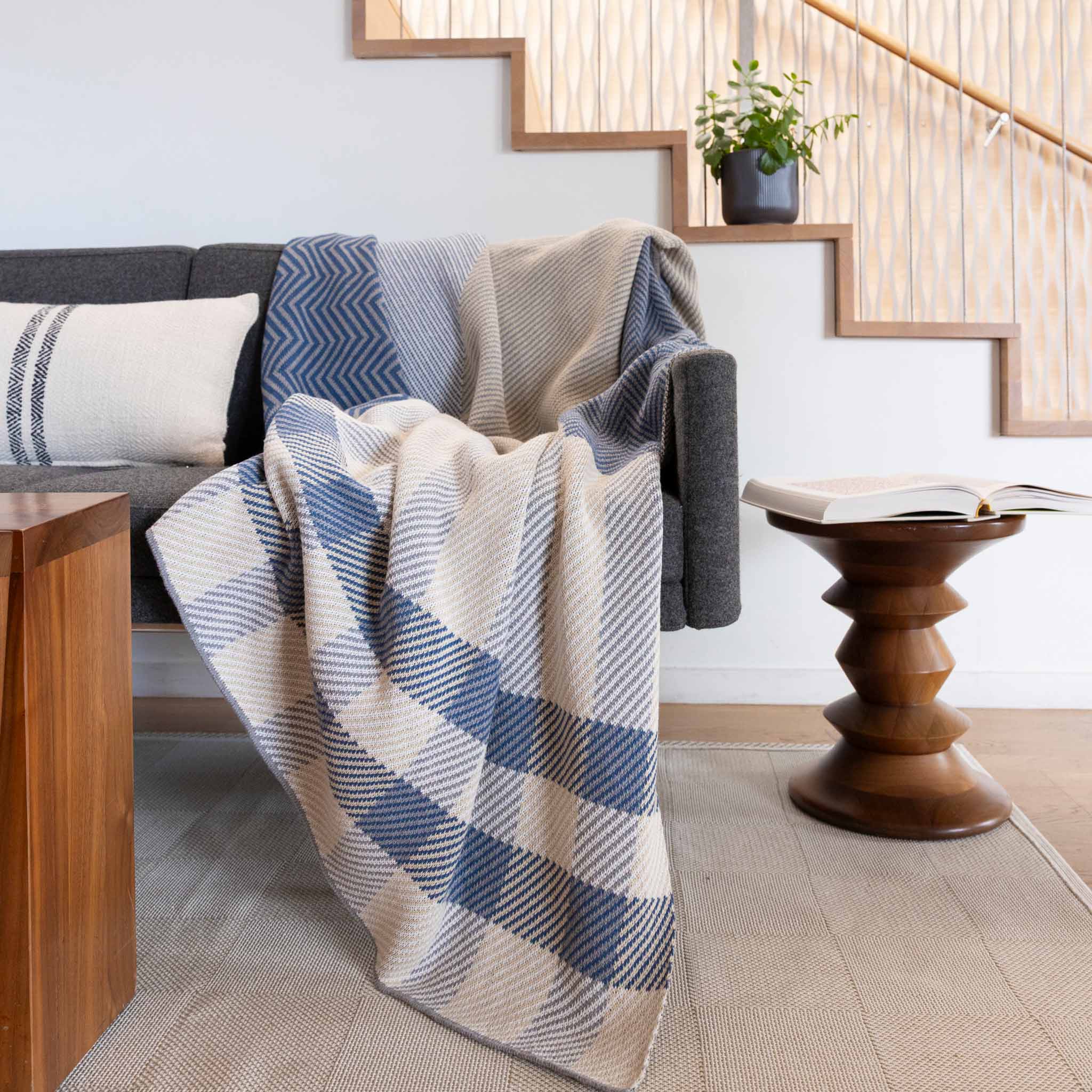 Cotton Sustainable Knit Plaid Solid Throw Blanket - Patchwork Herringbone