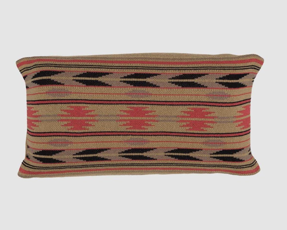 The Star Gaze Pillow is a rectangular pillow with a Southwestern-inspired geometric pattern in brown, red, and black on a light gray background.