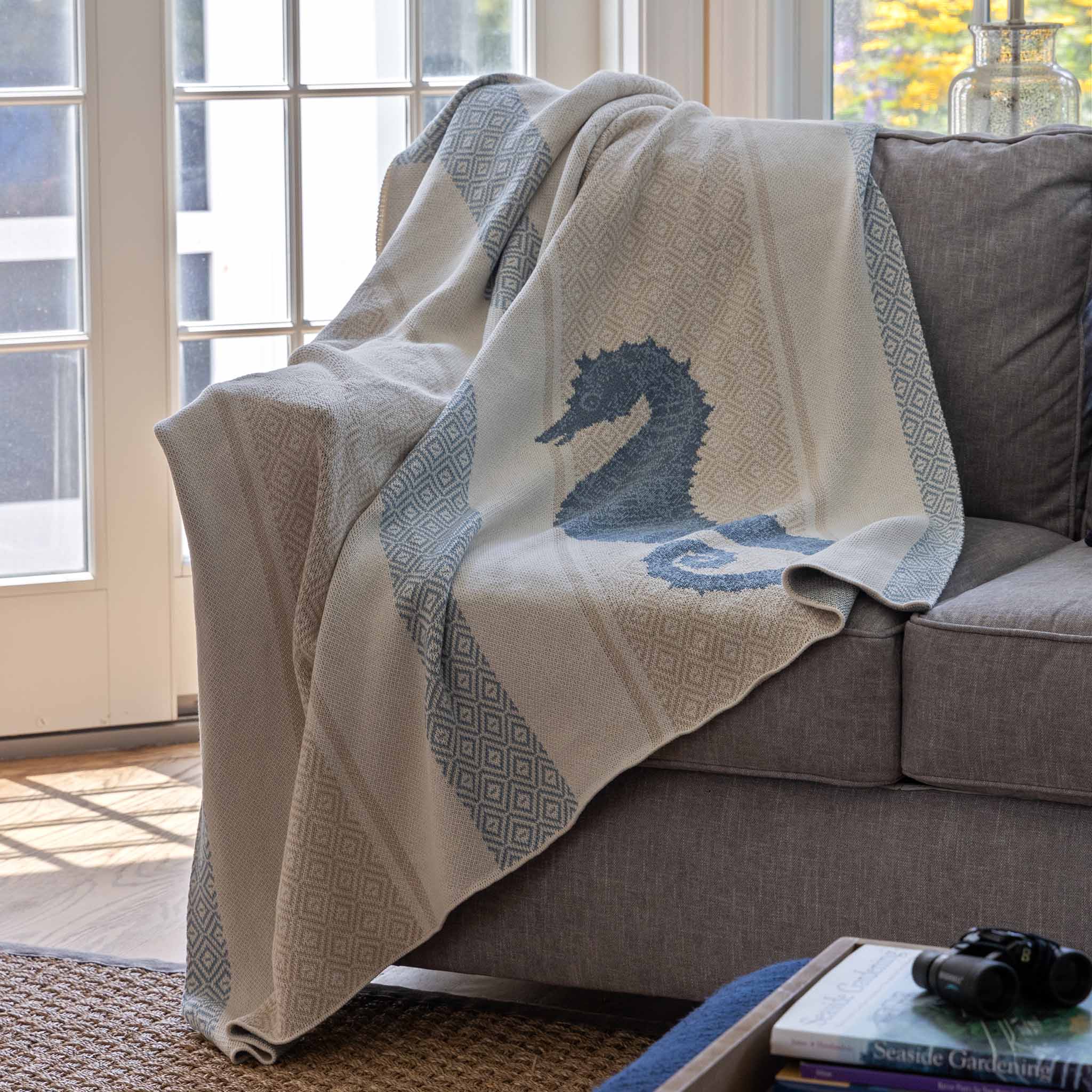 Cotton Sustainable Knit Throw Blanket | Coastal - Seahorse Square