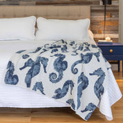 Cotton Sustainable Knit Throw Blanket | Coastal - Seahorse Watercolor