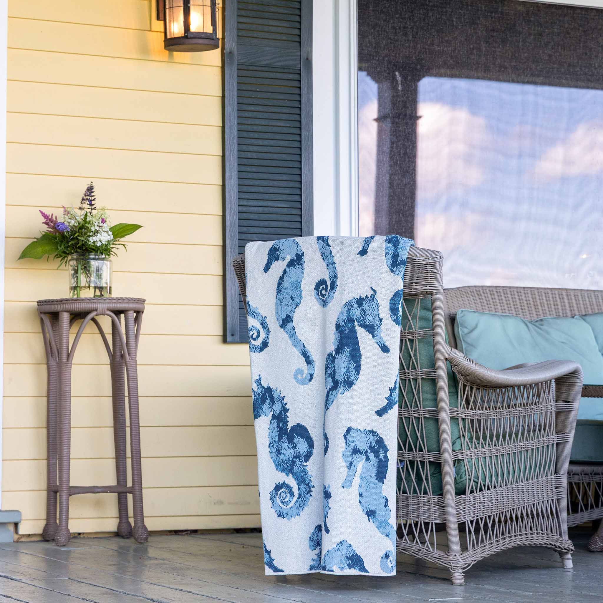 Cotton Sustainable Knit Throw Blanket | Coastal - Seahorse Watercolor