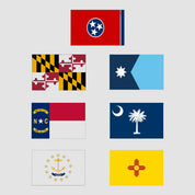 Eight U.S. state flags—including Tennessee, Maryland, Alaska, North Carolina, South Carolina, Rhode Island, New Mexico, and Indiana—are beautifully displayed on a light gray background in the Hometown Pride Flag - Cotton Sustainable Knit Blanket by in2green, expertly crafted in the USA.