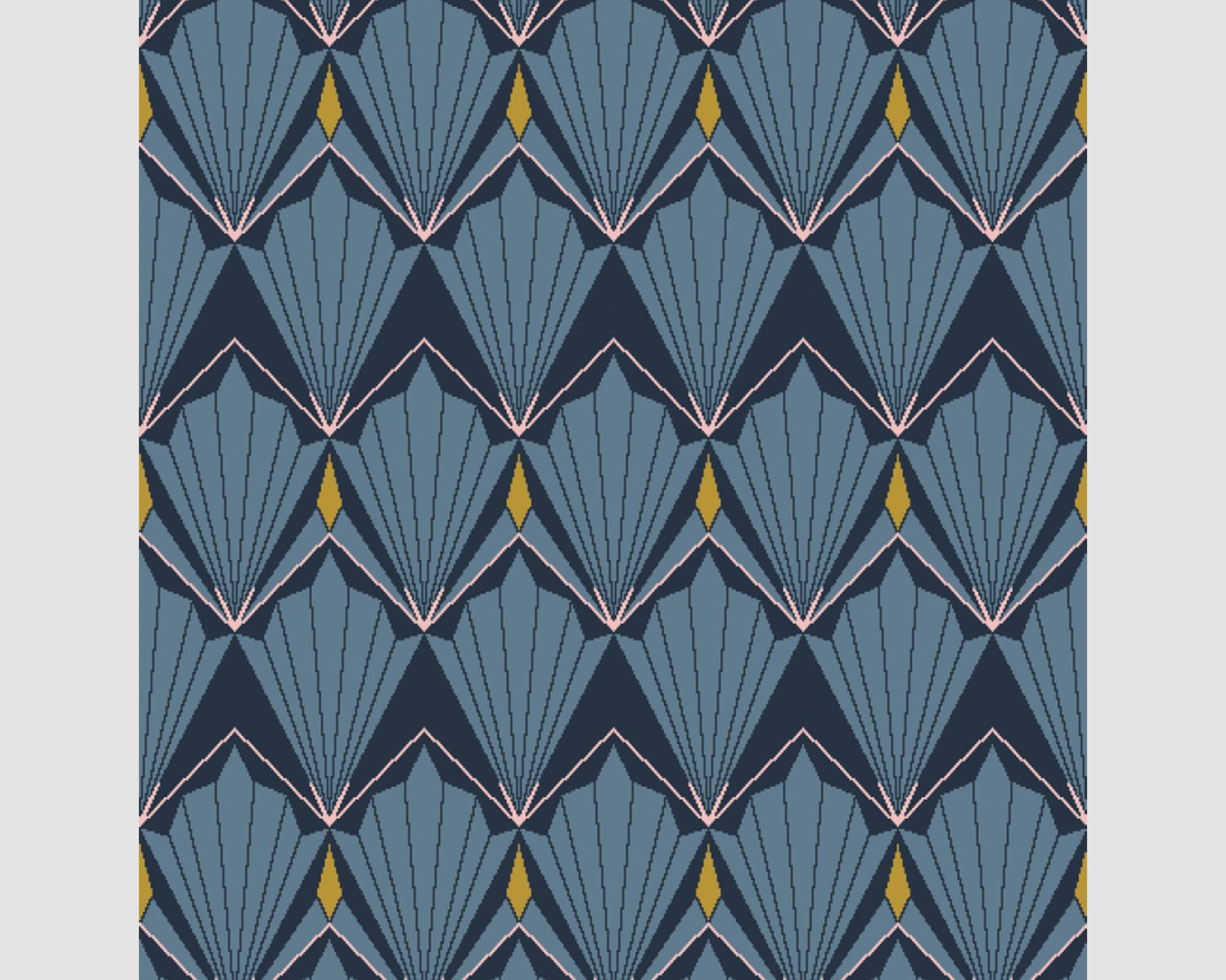 The Art Deco Shells Throw Blanket by in2green features blue fan-like shapes outlined in black and white on a dark background, enhanced with small yellow accents for vintage glamour. It's woven from sustainable yarns, adding an eco-friendly touch.