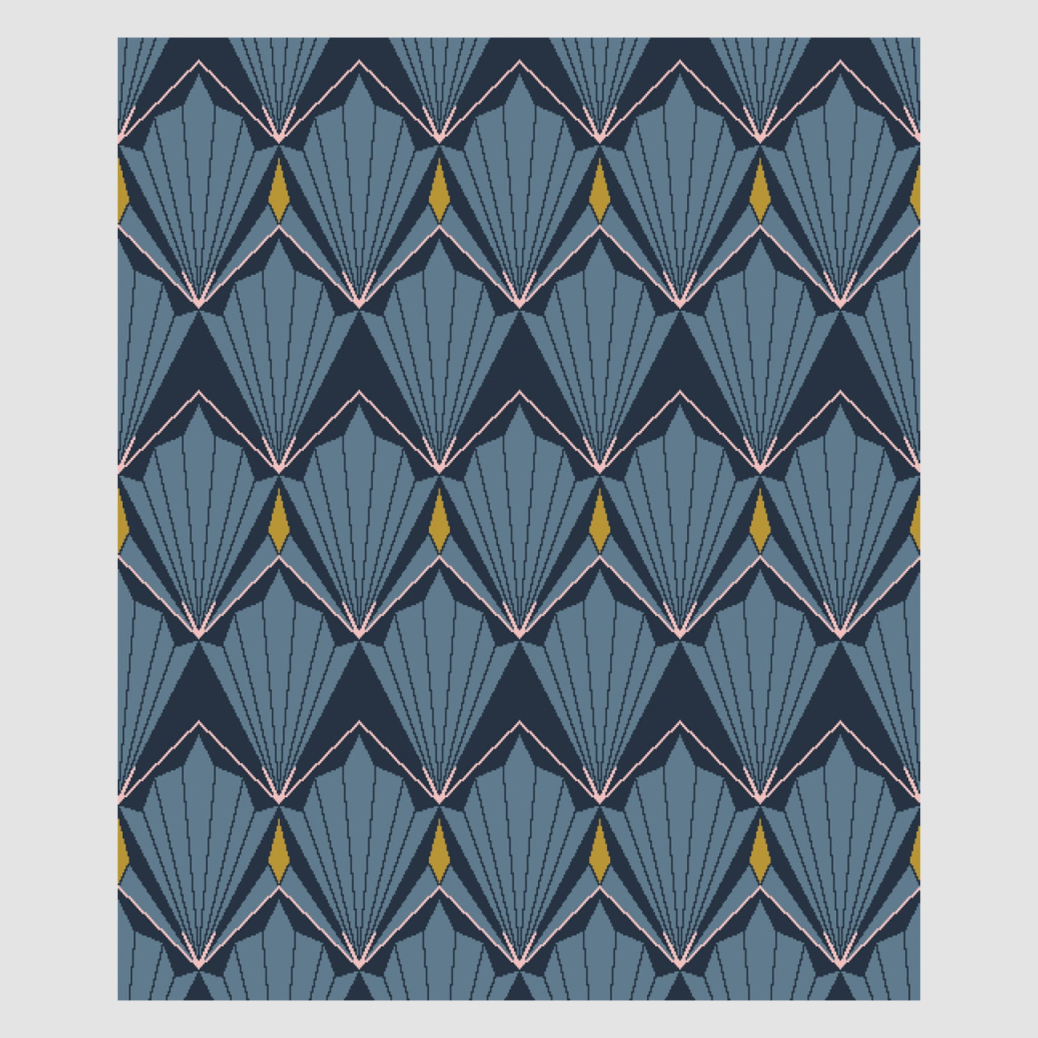 The Art Deco Shells Throw Blanket by in2green features blue fan-like shapes outlined in black and white on a dark background, enhanced with small yellow accents for vintage glamour. It's woven from sustainable yarns, adding an eco-friendly touch.