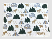 Introducing in2green's Baby Happy Camper Personalized Blanket: featuring patterns of trees, moose, bears, campers, and RVs, with "Parker" elegantly stitched in the corner.