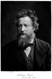 The Larkspur Throw Blanket by in2green features a black and white portrait of a bearded man in a suit with a bow tie, facing left. Below the image is the text "William Morris, leader of the Arts and Crafts movement, Printer 1891-1896.