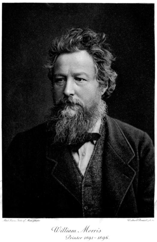 The Larkspur Throw Blanket by in2green features a black and white portrait of a bearded man in a suit with a bow tie, facing left. Below the image is the text "William Morris, leader of the Arts and Crafts movement, Printer 1891-1896.