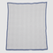 The in2green Poly Woven Square Throw Blanket is a white square blanket featuring a blue border and repeating diamond pattern, made from 100% recycled polyester.