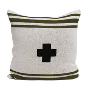 The Swiss Cross Striped Pillow by in2green features a black cross design with two green stripes, blending Scandinavian inspiration with sustainability. Made from recycled cotton, this stylish pillow offers an eco-friendly touch to your decor.