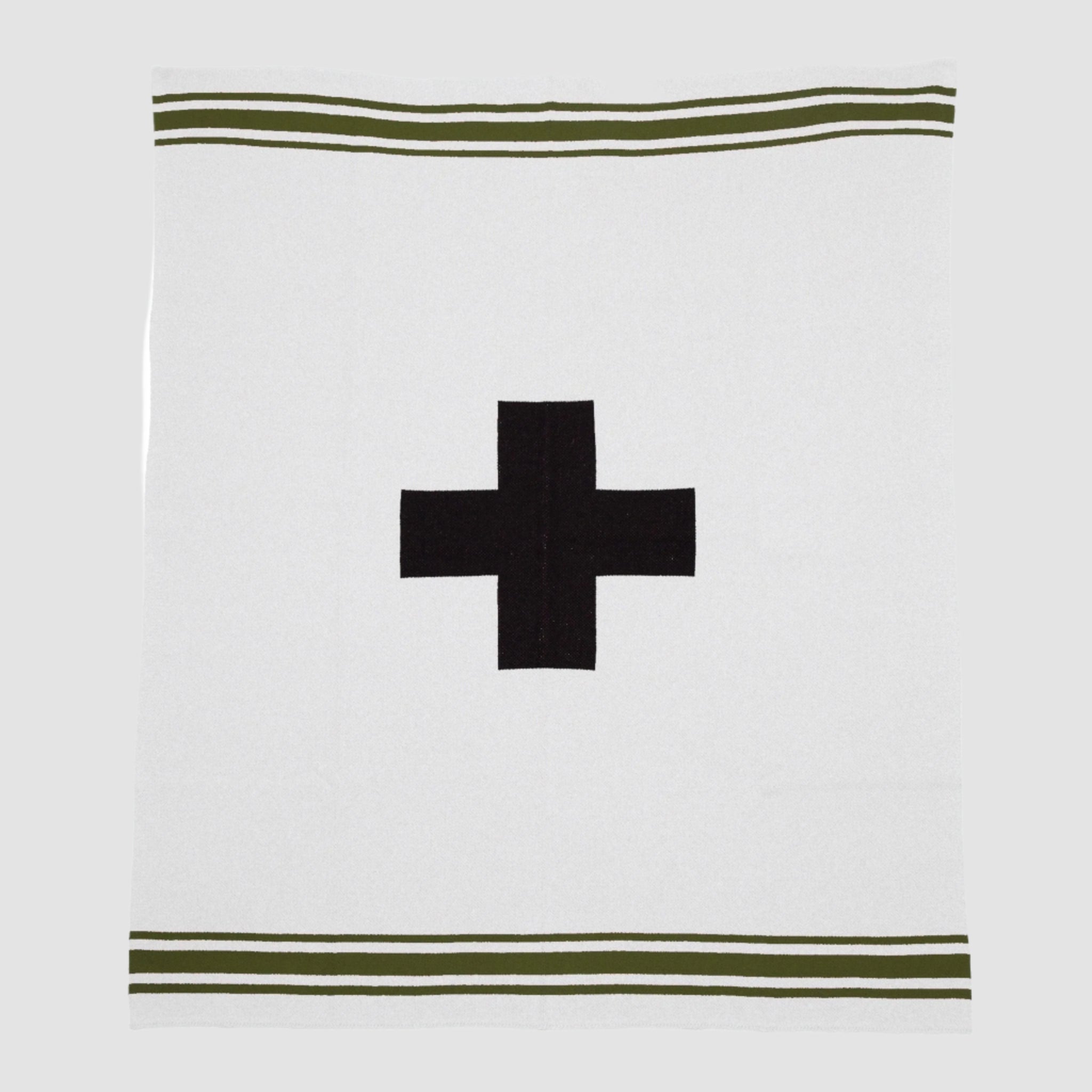 The in2green Swiss Cross with Stripes Throw Blanket is a white recycled knit featuring a central black Eco Swiss Cross, bordered by two green stripes near the top and bottom edges.