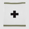The in2green Swiss Cross with Stripes Throw Blanket is a white recycled knit featuring a central black Eco Swiss Cross, bordered by two green stripes near the top and bottom edges.