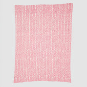 Introducing the In2Green Warrior Throw Blanket Pink: a cozy knitted blanket featuring a pink and white herringbone pattern. Designed for comfort, it offers warmth and support during chemotherapy sessions, symbolizing hope for breast cancer warriors.